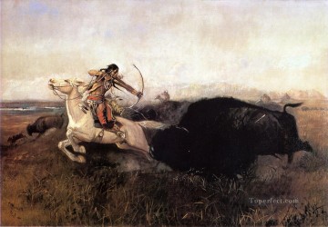  Arles Oil Painting - Indians Hunting Buffalo Indians western American Charles Marion Russell